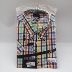 F/X Fusion Shirt Mens XL Multi Colored Check Short Sleeve Easy Care D552 NWT